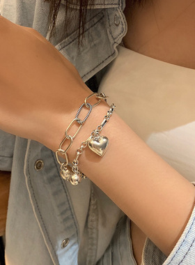 韩国东大门925纯银复古做旧爱心镂空手链ins女百搭时尚气质手饰