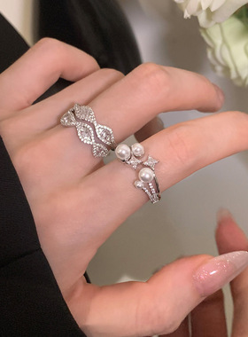 韩版新款珍珠锆石星星双层戒指女气质小众感食指戒开口指环女