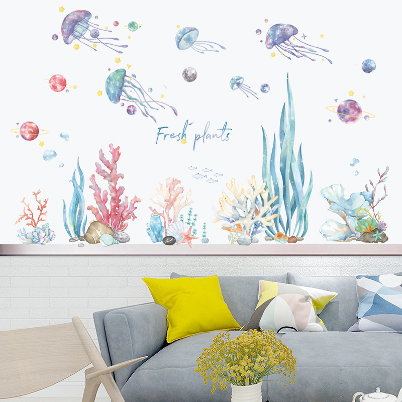 梦幻蓝色海底水母海草自粘墙贴