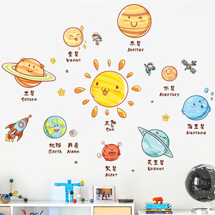 太空英文早教墙贴儿童房背景墙装 饰贴纸宝宝房间衣柜房门布置贴画