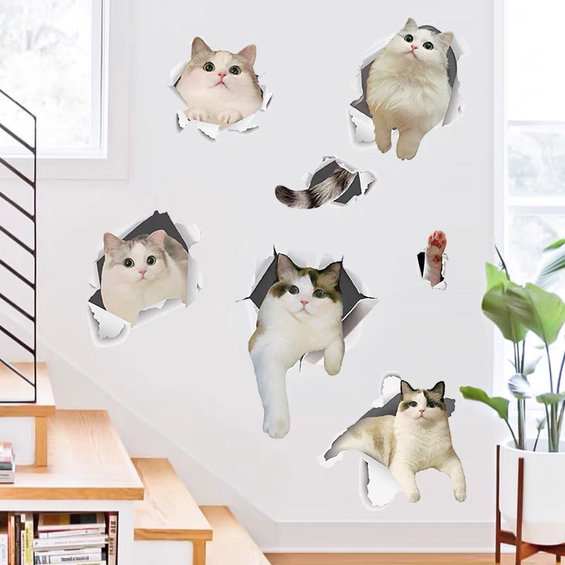 可爱猫咪墙贴3D立体动物客厅墙面装饰贴纸儿童房卧室衣柜自粘贴画图片