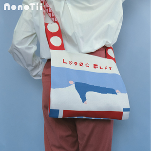 躺平 针织蓝红撞色大容量托特包 人 斜挎款 Nonotii包包女新款