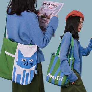 Nonotii忧郁之猫自由休闲帆布包斜挎包大容量拉链学生单肩电脑包