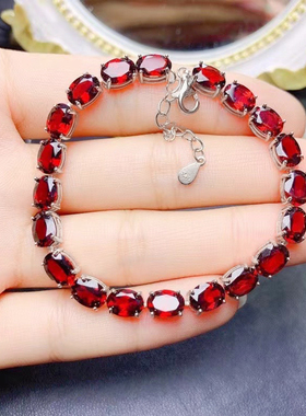 大颗天然石榴石手链女925纯银镶嵌鸽1血红色宝石手串手镯满圈时尚