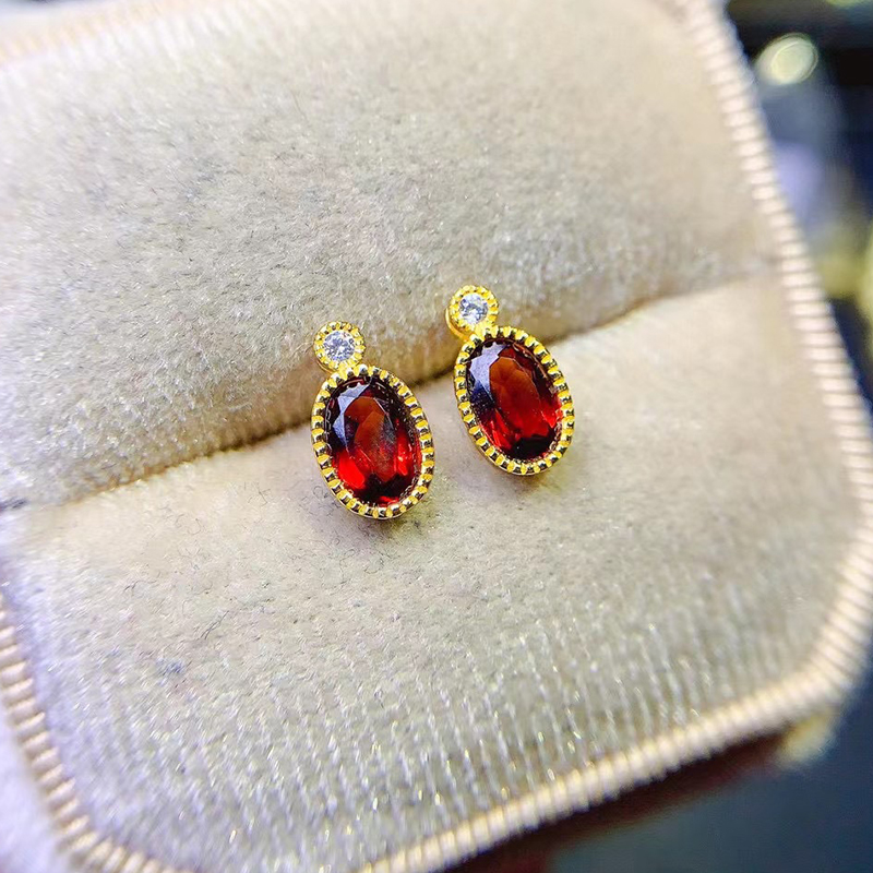 特价天然石榴石耳钉简约925纯银镀18K金酒红色宝石耳饰时尚耳环
