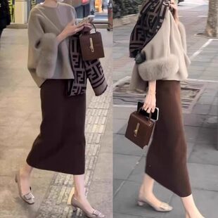 轻熟优雅风咖色针织包臀半身裙女高腰显瘦气质高级感一步裙包裙