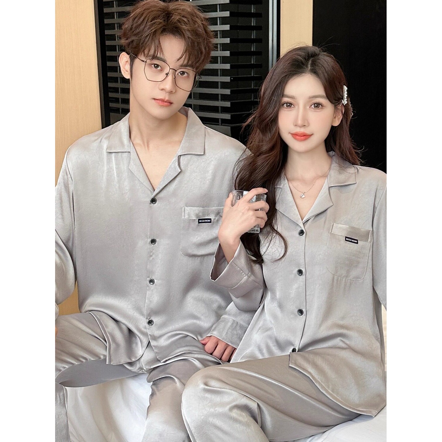 金三塔桑蚕丝春秋冬新款情侣睡衣女款舒适简约提花男士高级感真丝