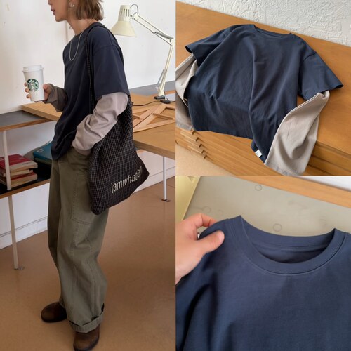 iamstudio 韩系ins风 8062淡人系撞色假两件高品质长袖T恤