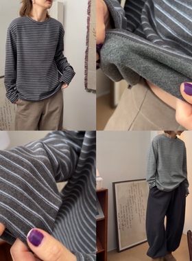 iamstudio 超厚双面磨毛 0295冬季保暖发热宽松版条纹打底T恤