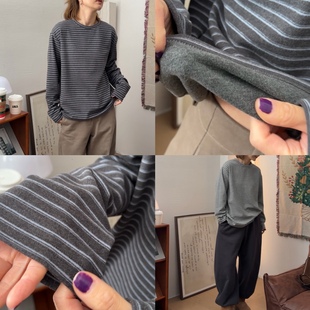 iamstudio 超厚双面磨毛 0295冬季保暖发热宽松版条纹打底T恤