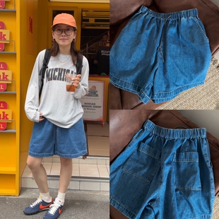 iamstudio 夏日轻薄款 3872松紧腰配抽绳超柔软深蓝牛仔短裤