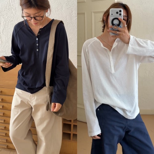 iamstudio 秋季新品3601冰岛雪花棉松弛感亨利领遮肉显瘦长袖T恤