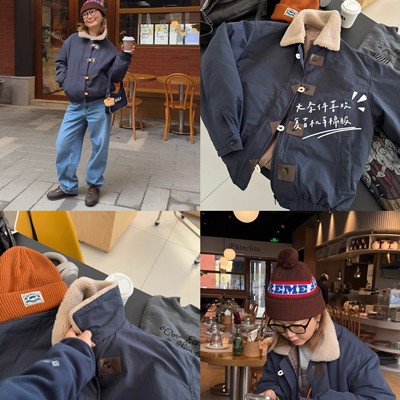 iamstudio 3002羊羔毛领子复古机车夹棉棉服外套