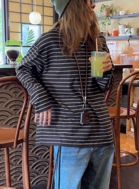 iamstudio 6200毒家定制深咖条纹面料 秋冬b备宽松条纹长袖T恤