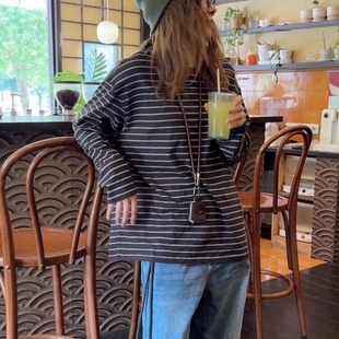 iamstudio 6200毒家定制深咖条纹面料 秋冬b备宽松条纹长袖T恤