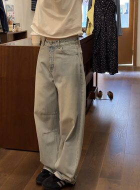 iamstudio 春夏新品1313浅蓝色水洗磨白弯刀牛仔裤 梨形身材裤子