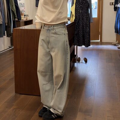 iamstudio 春夏新品1313浅蓝色水洗磨白弯刀牛仔裤 梨形身材裤子