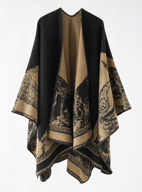 Neoclassical shawl draped over women's thick blanket, knitt