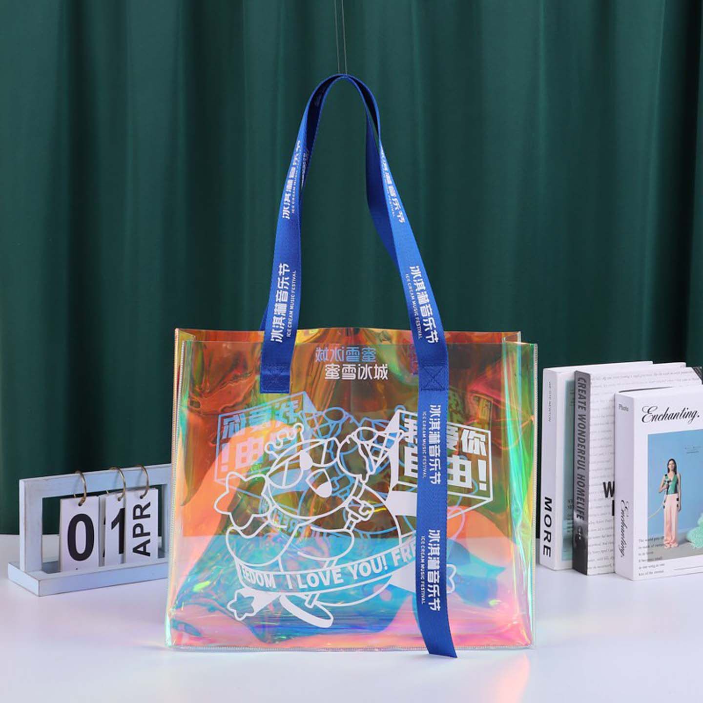 定制幻彩镭射手提袋 透明伴手礼飘带包装袋 PVC塑料果冻礼品袋子