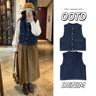 宽松休闲叠穿外搭牛仔马夹 日系复古百搭深蓝色马甲外套女洋气时尚