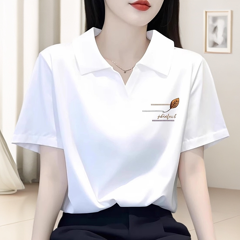 翻领短袖t恤女v领白色夏季女装2025新款爆款大码休闲Polo带领上衣