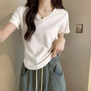 上衣 欧洲站纯棉正肩V领短袖 T恤女2025夏季 新款 不规则弧形下摆大码