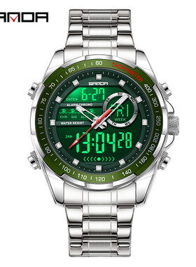 SANDA新款钢带腕表多功能学生运动防水倒计时双显大表盘男士手表
