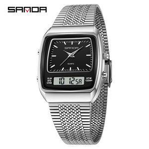 三达经典钢带电子表多功能防水学生党腕表酒桶形男士闹钟手表双显