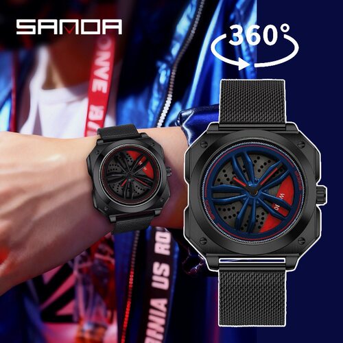 sanda石英表青少年方圆镂空旋转