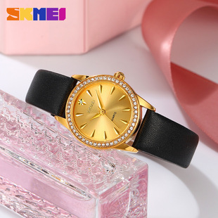 时刻美时尚镶钻女士腕表小众轻奢防水石英表学生真皮带手表女款潮