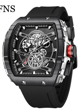 OFNS石英表镂空青少年男士机械风酒桶形三眼六针多功能计时腕表男