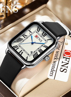 OFNS新款手表学生男防水方形复古罗马刻度石英表日历硅胶表带腕表