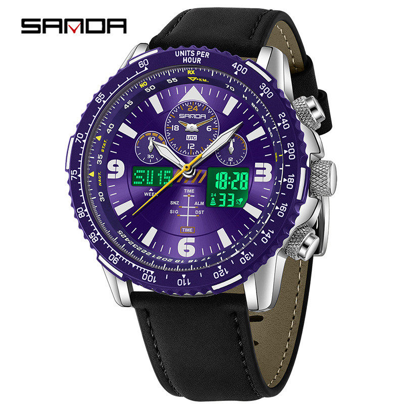 三达男士手表双机芯合金高颜值多功能电子表大表盘运动防水闹钟表