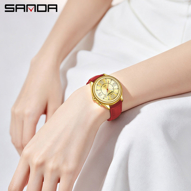 SANDA轻奢石英表数字刻度皮带女
