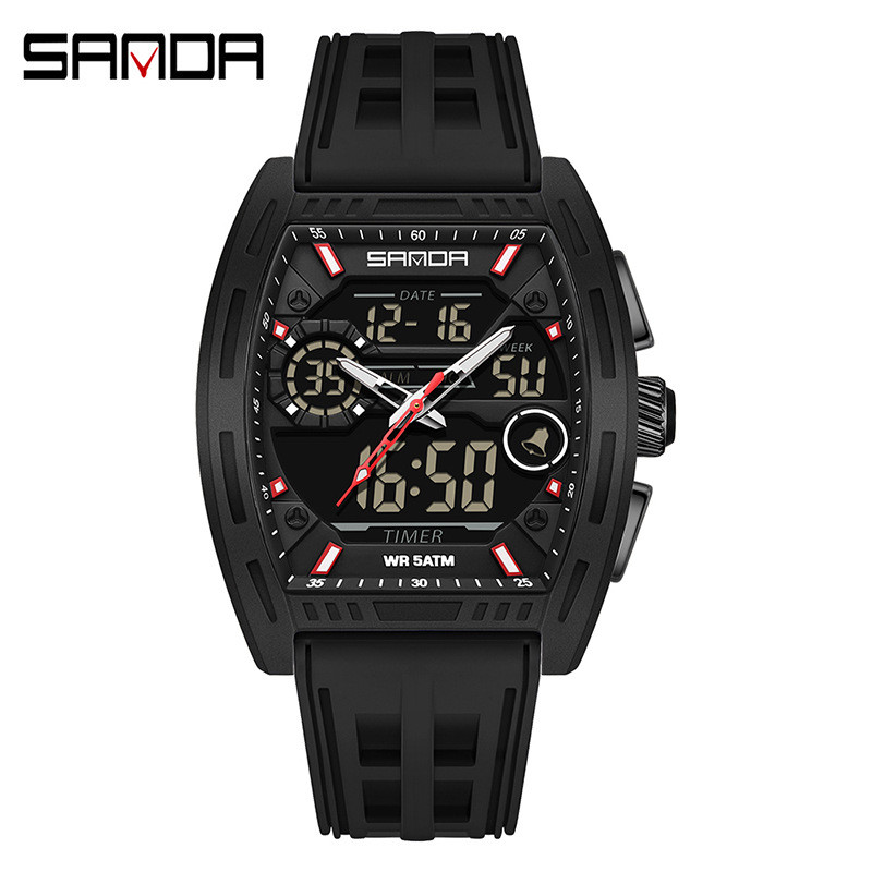 三达男士运动表闹钟双显多功能夜光手表酒桶形防水学生倒计时腕表