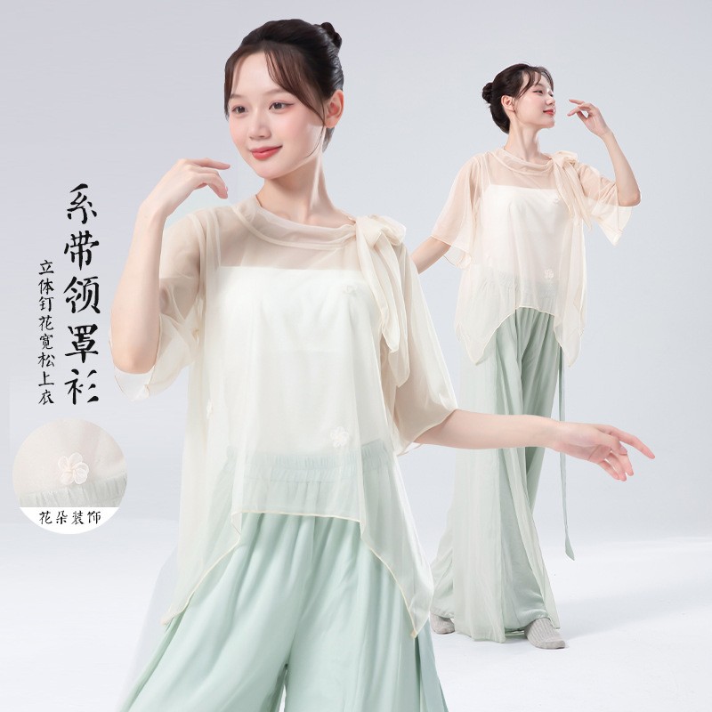 古典舞服女纱衣夏新款系带领罩衫飘逸仙气演出服中国舞练功服上衣