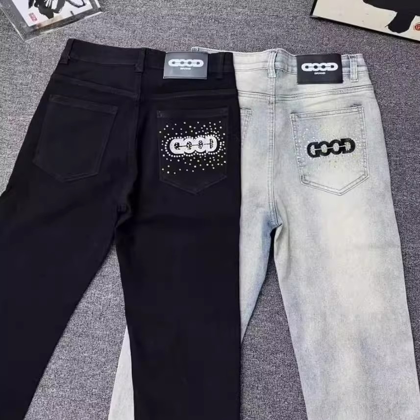 网红爆款字母Good潮牌刺绣牛仔裤男女修身时尚百搭直百搭帅气小脚