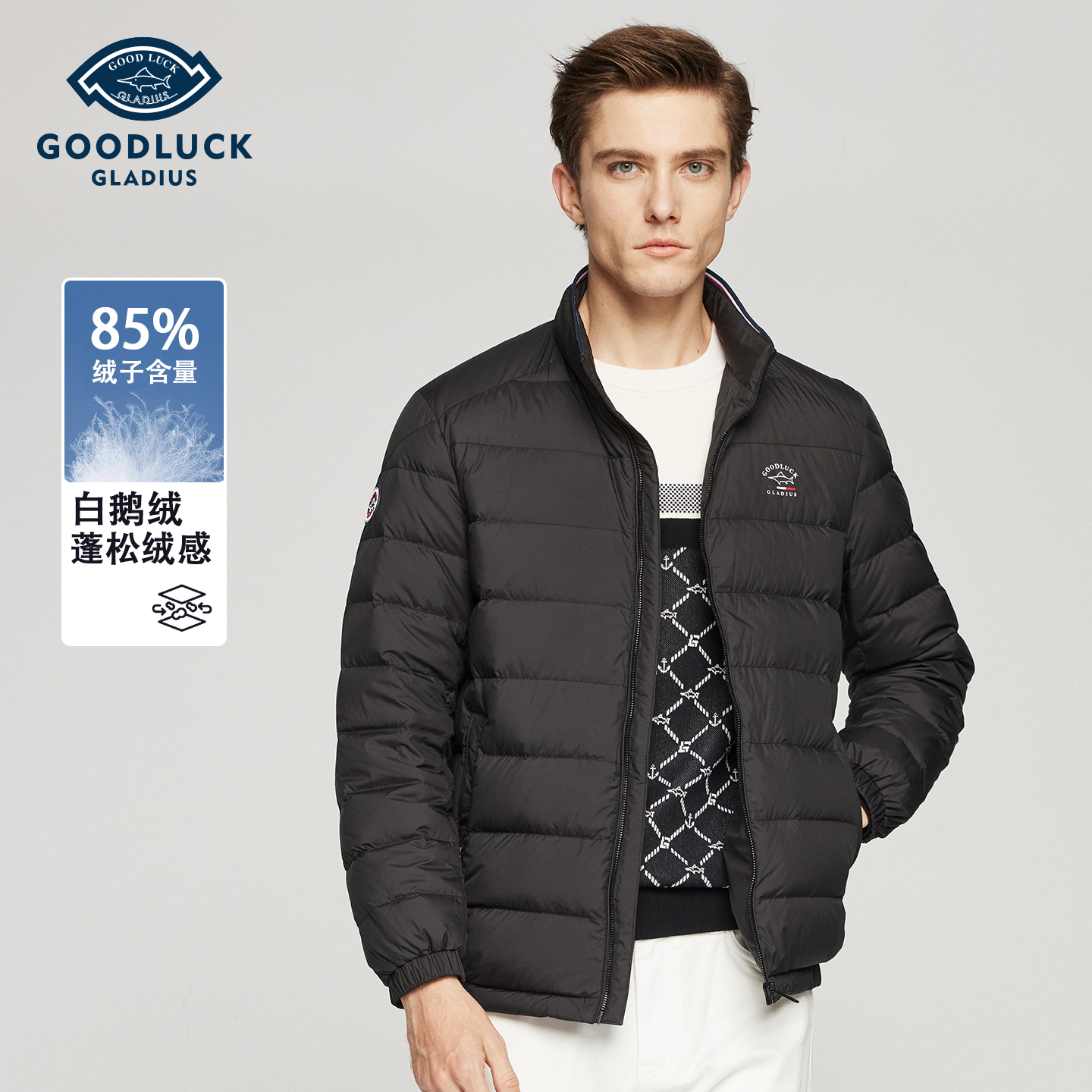 德鲨冬季新短款立领轻薄羽绒服男