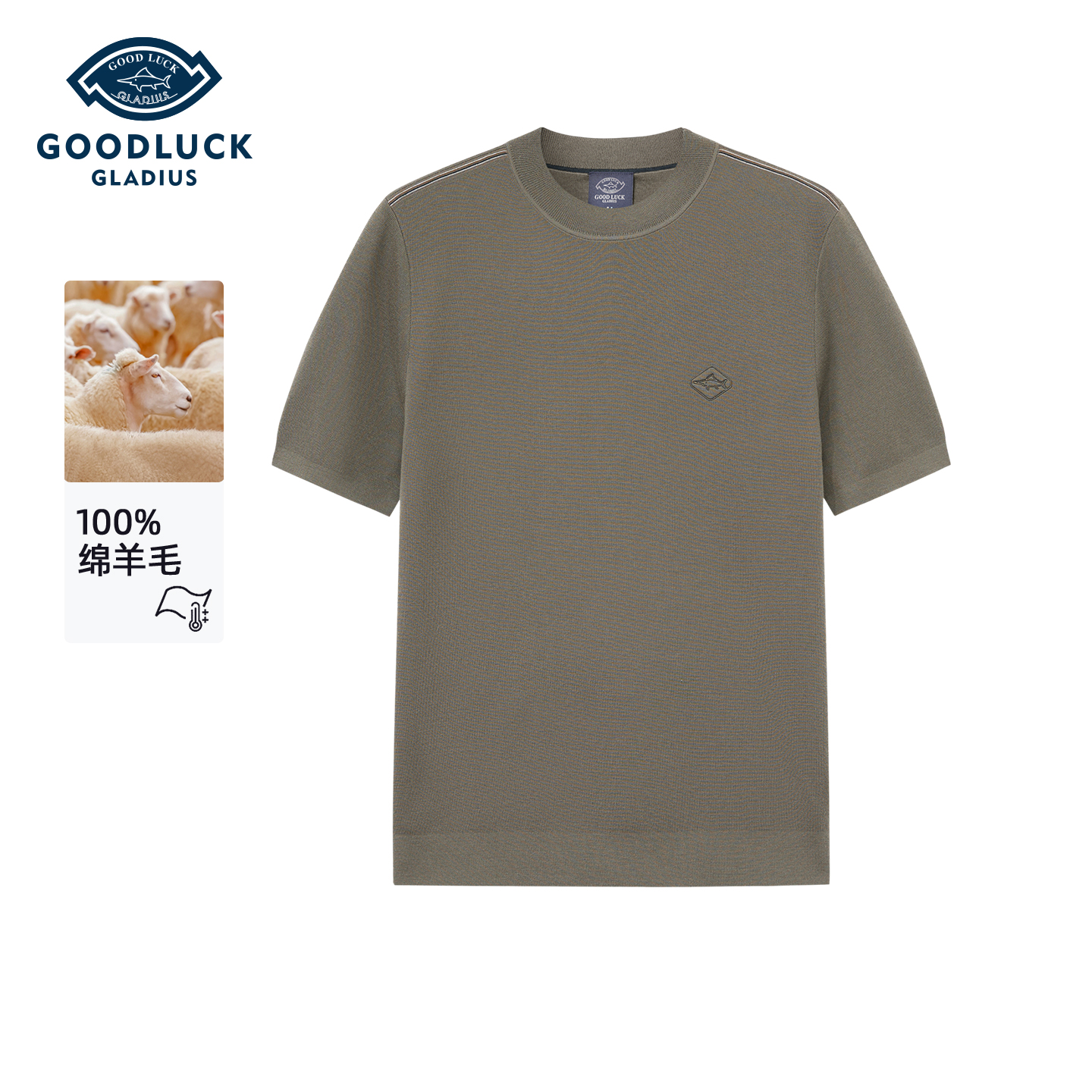 德鲨秋冬季新款短袖圆领纯羊毛衫