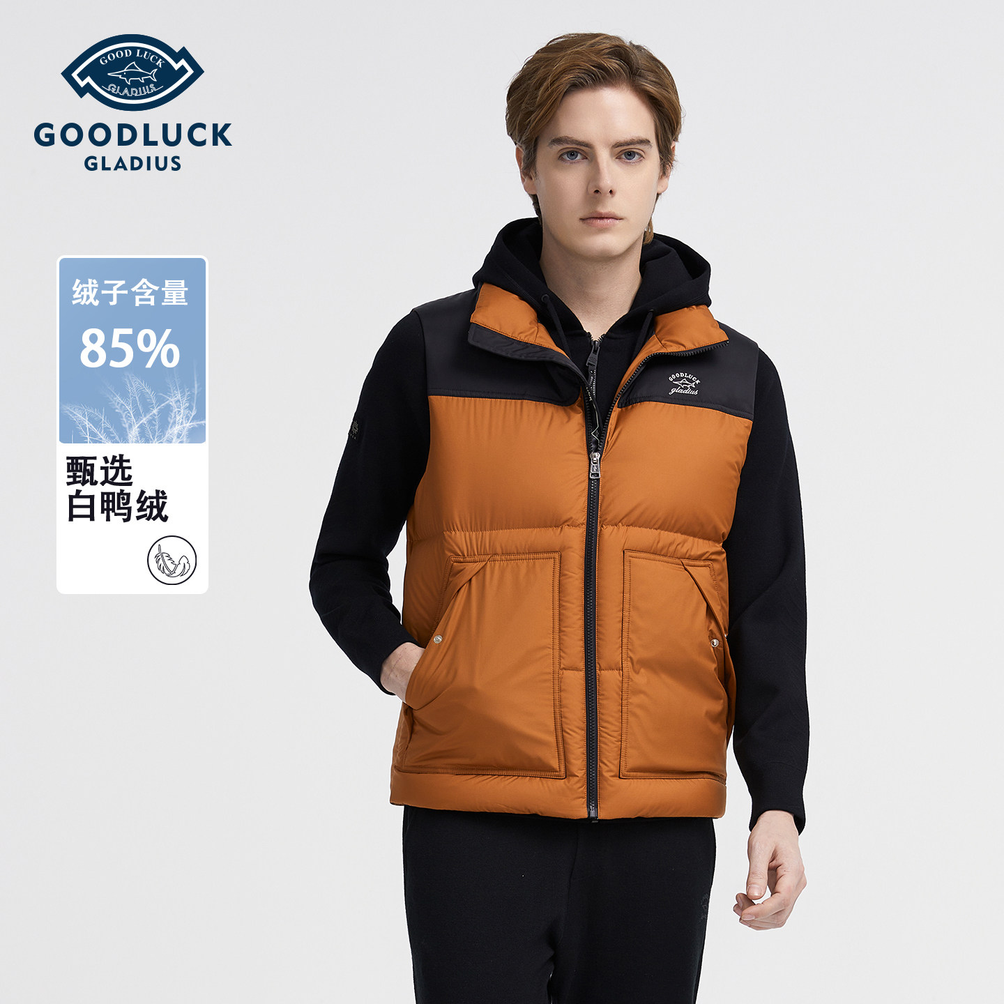 【白鸭绒】德鲨男装立领羽绒马甲2025冬新款休闲保暖外套,男装,羽绒马甲,淘宝优惠券,粉丝福利购,淘宝优惠卷