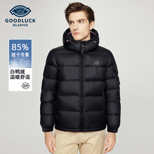 新款 德鲨2025冬季 黑色百搭连帽羽绒服外套男 白鸭绒
