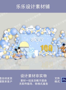 蓝色室内米奇米妮主题宝宝宴满月百天周岁生日派对设计素材背景