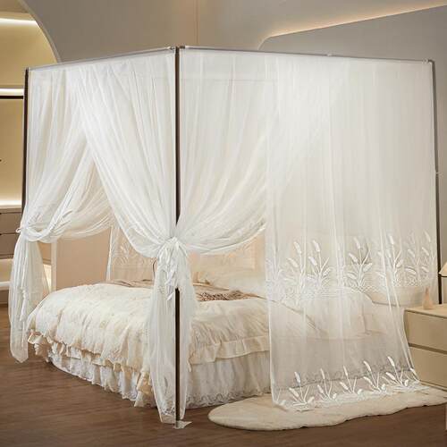 定制A类刺绣法式蕾丝实木支架穿杆蚊帐子婚庆民宿别墅床幔中式1.8