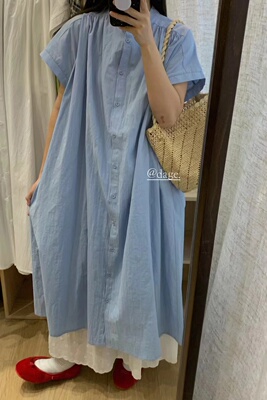 dage 2978日系衬衫连衣裙夏季新款女宽松长裙叠穿蓝色A字裙