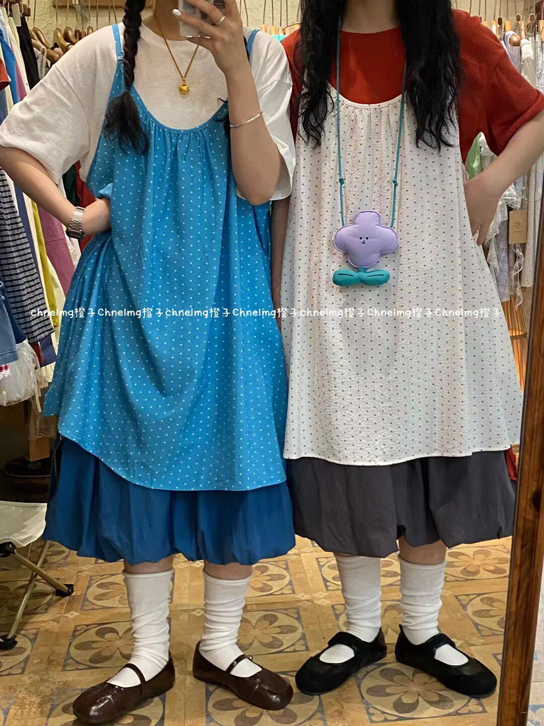 橙子家 日系复古波点吊带连衣裙女夏季新款宽松显瘦中长款裙子