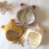 婴儿帽子新年秋冬小熊无骨可爱双球ins保暖护耳帽新生儿宝宝胎帽