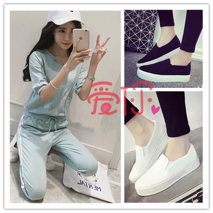 休闲厚底懒人女鞋 板鞋 学生一脚蹬帆布鞋 女布鞋 纯色乐福鞋 韩版