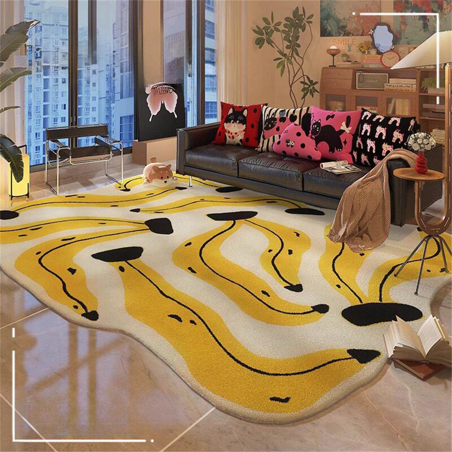 多巴胺黄色异形地毯客厅2026新款不规则沙发茶几毯儿童房卧室地垫