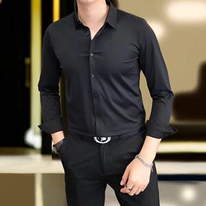 春秋新款男士商务休闲长袖衬衫无痕抗皱丝滑免烫纯色修身高弹衬衣