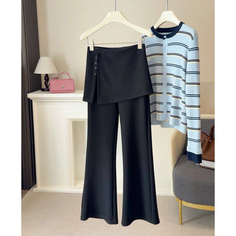 春季弹力休闲裤屁帘裙裤西装裤高腰新款垂感女一体假两件纽扣微喇